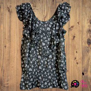 Miley Cyrus Black with Blue Flowers Flowy Thin Short Sleeve Blouse size XL